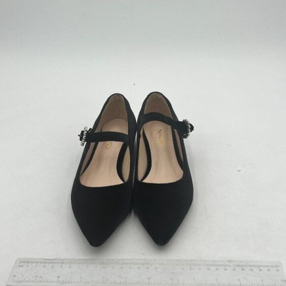 XYD Black Pointed Toe Velvet Flats Pearl Strap Beaded Mary Janes Stylish Shoes - Picture 3 of 8